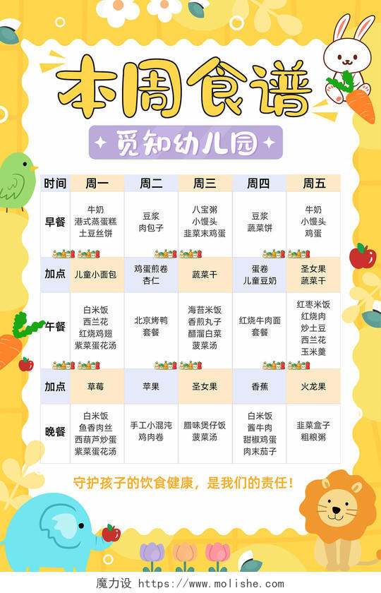 黄色卡通动物蔬菜水果幼儿园食谱菜单海报